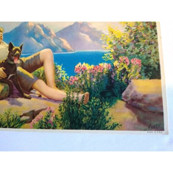 Boy Resting Black Dog Art Print Blessings On The Little Man Keedy Mountain Cliff - Picture 4 of 6
